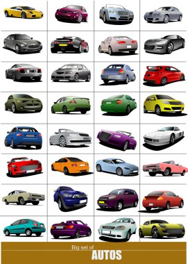 Big set of 32 kinds cars on the road illustration