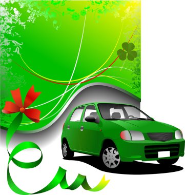 Green background and green car sedan on the road illustr