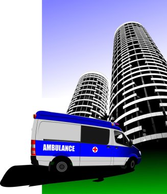 Ambulance minibus on the road and city silhouette illust clipart