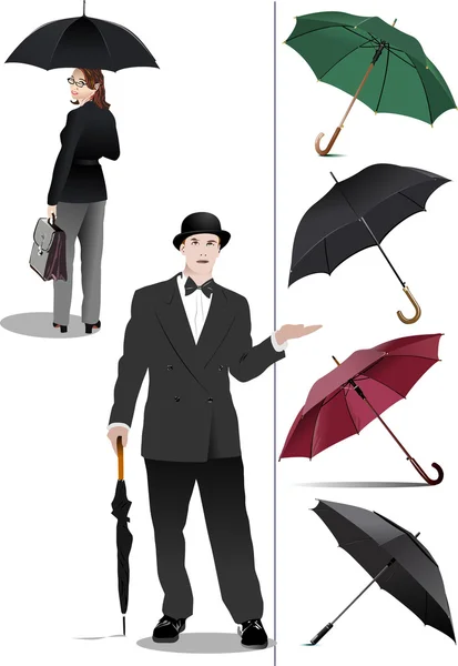 Čtyři typy otevřených deště deštník. žena a muž s umb — Stock fotografie