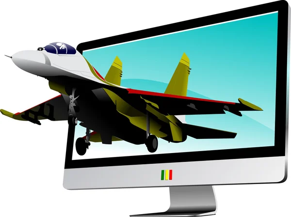 Combat started from flat computer monitor. Display illus — Stock Photo, Image