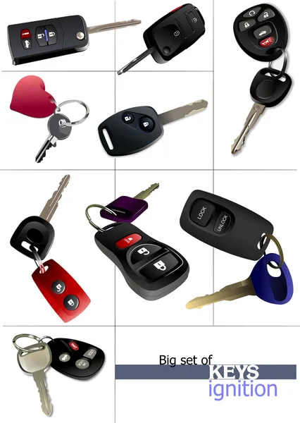Grande set di chiavi di accensione auto con telecomando isolato sopra w — Foto Stock