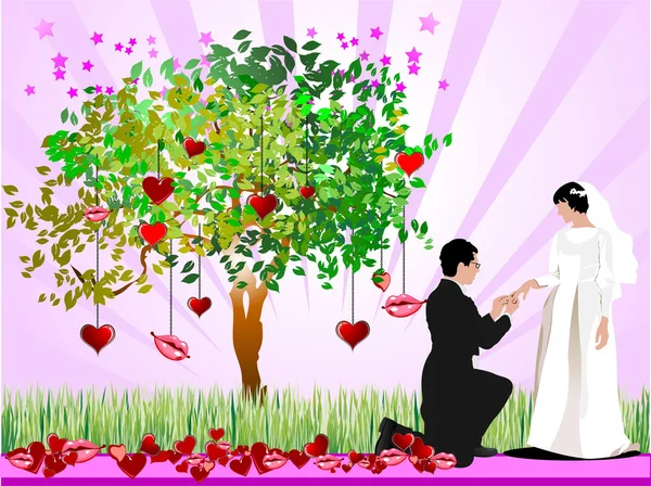 Dekoratív Valentin-nap fát a szívét, az ajkak, a menyasszony és a gro — Stock Fotó