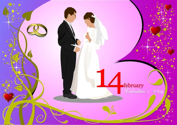 Valentine`s Day Greeting Card with bride and groom images. Vect — Stock Photo, Image