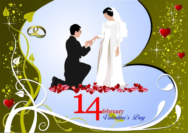 Valentine`s Day Greeting Card with bride and groom illu — 스톡 사진