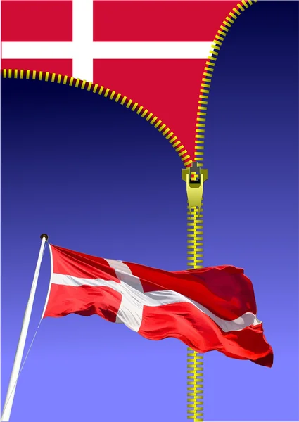 Rits Deense vlag open. Vlag van Denemarken. — Stockfoto
