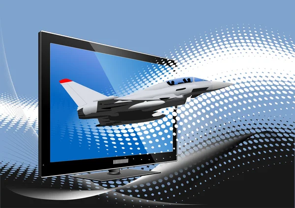 Fond bleu pointillé avec écran d'ordinateur plat avec force aérienne — Photo