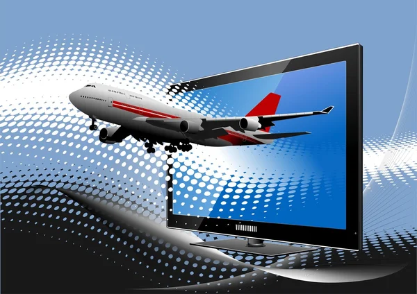 Fondo punteado azul con monitor de ordenador plano con avión de pasajeros. Di —  Fotos de Stock