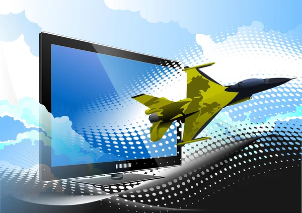 Blauwe gestippelde achtergrond met platte computermonitor en luchtmacht — Stockfoto
