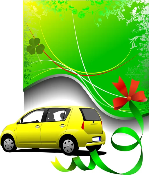 Green background and yellow car sedan on the road illust
