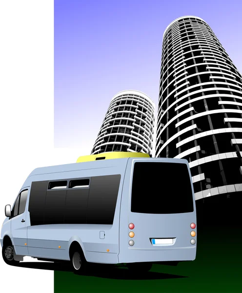 Minibus di colore blu sulla strada e la silhouette della città ill — Foto Stock