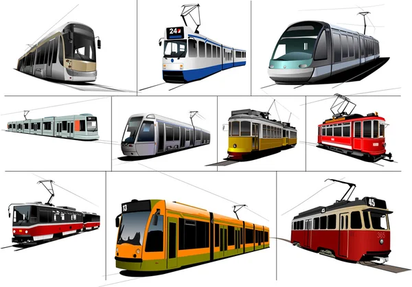 City transport. Ten kinds of Tram. Vintage and modern il — Stock Photo, Image