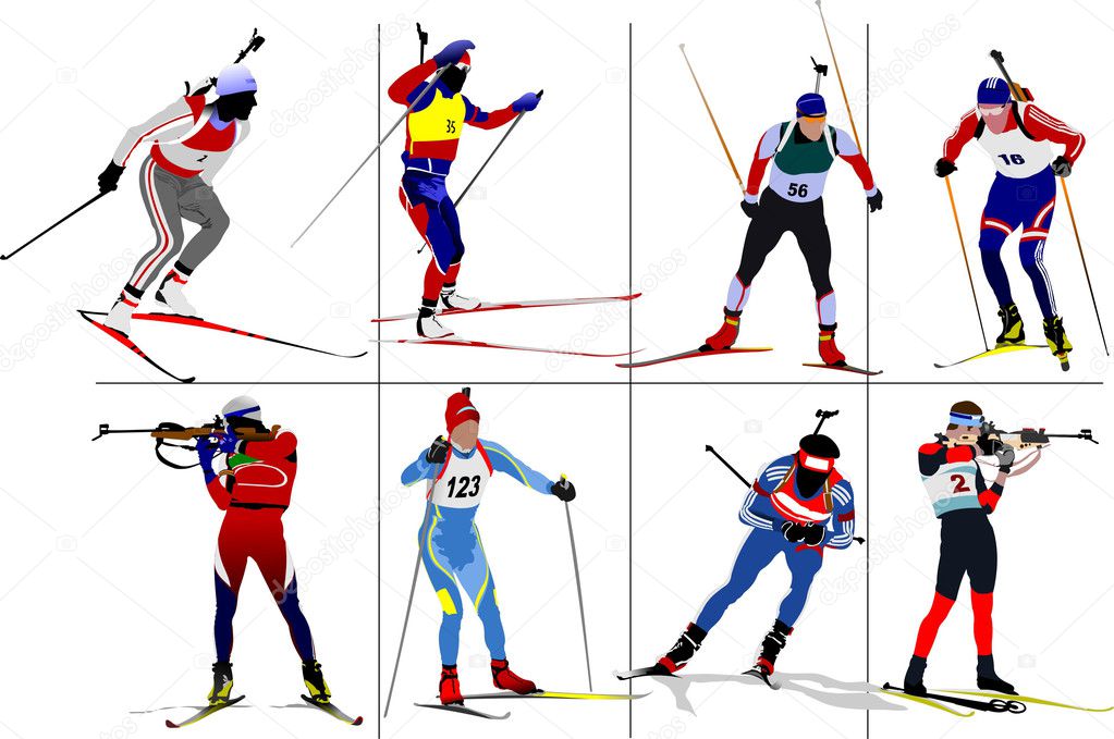 Eight biathlon runners. Colored illustration