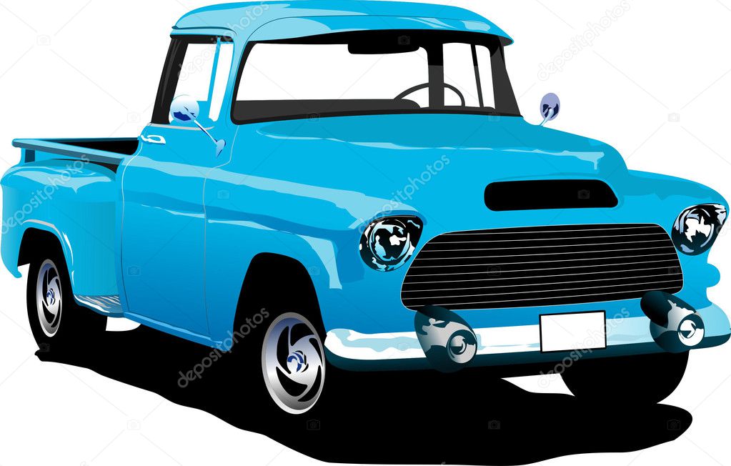 Old blue pickup with badges removed.