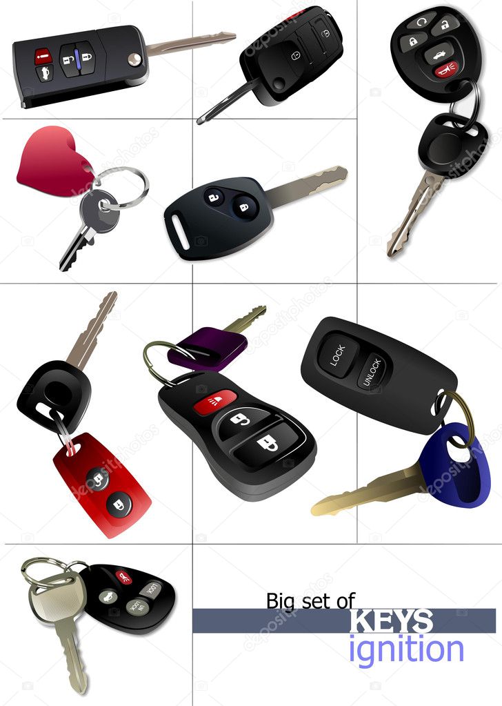 Big set of ignition car keys with remote control isolated over w