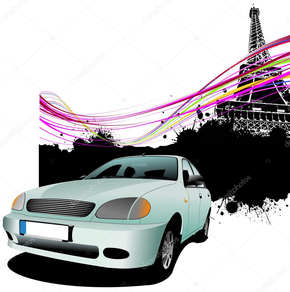Light blue car with Paris image background illustration