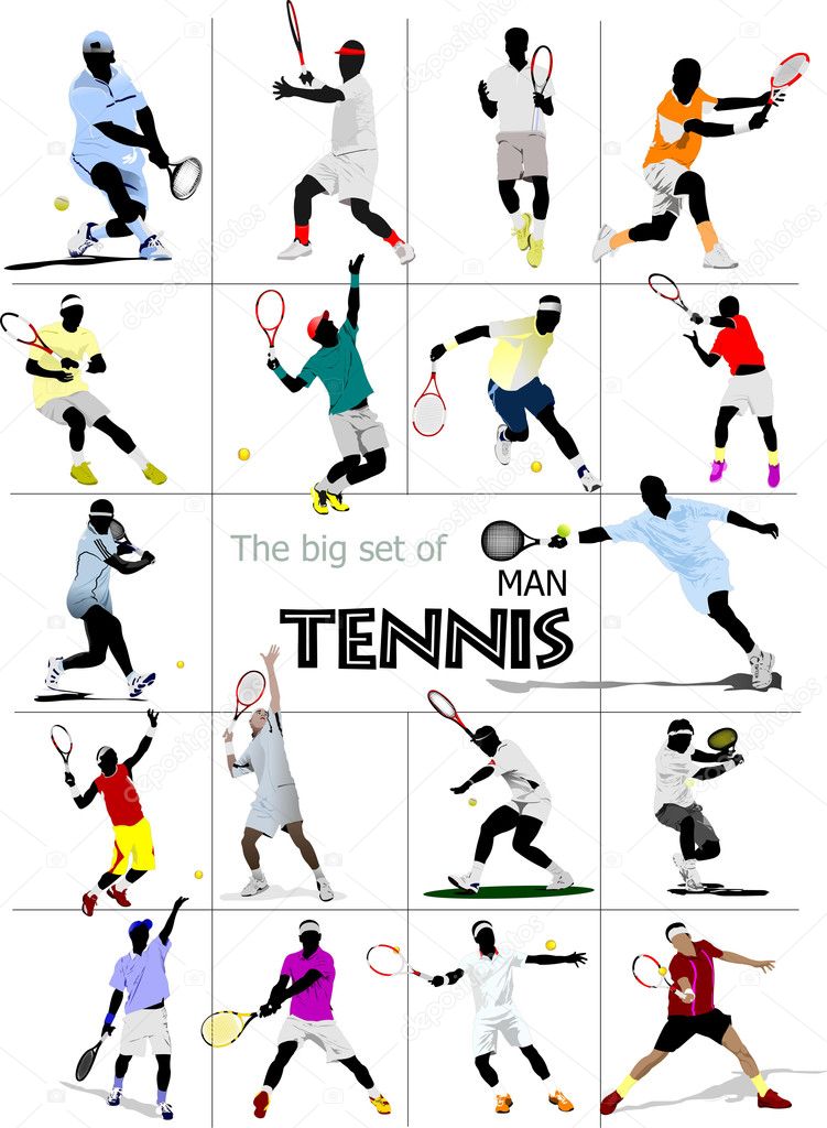 Big set of Man Tennis player. Colored illustration for de