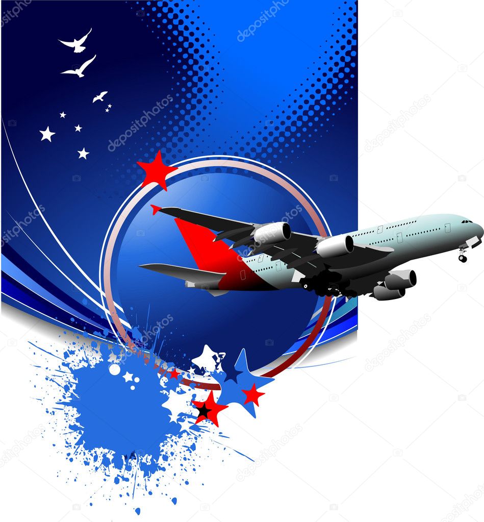 Blue abstract background with passenger plane image illu