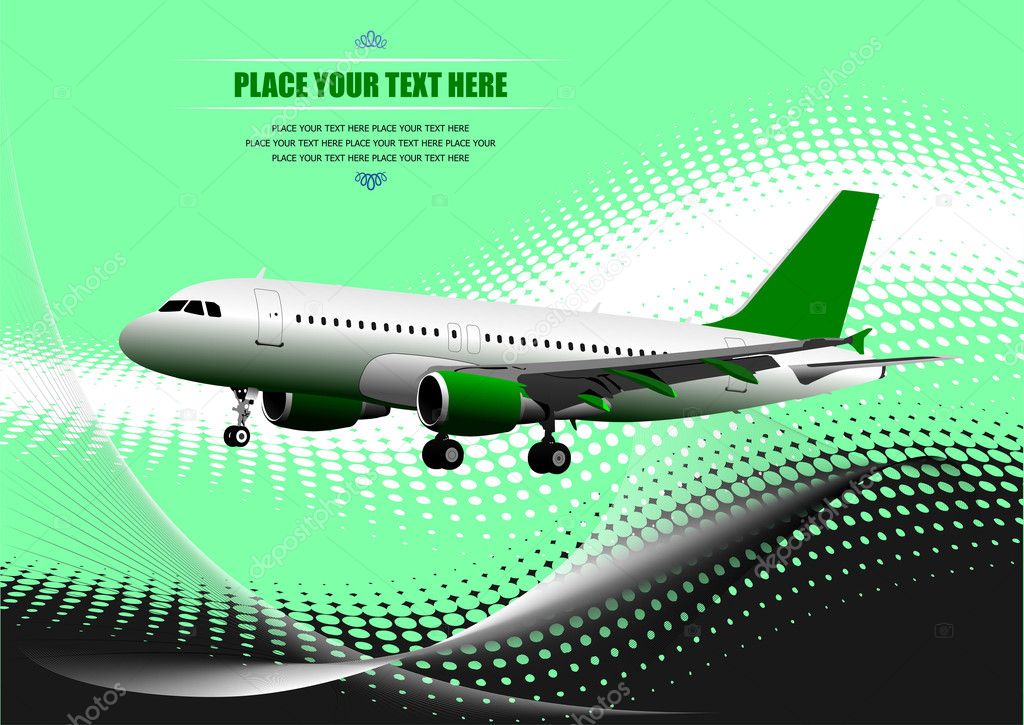Green abstract background with passenger plane image ill