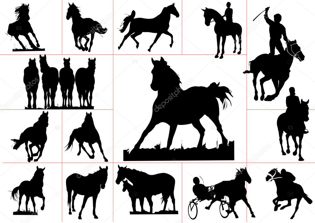 Fifteen horse silhouettes illustration