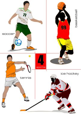Four kinds of sport games. Football, Ice hockey, tennis, soccer, clipart