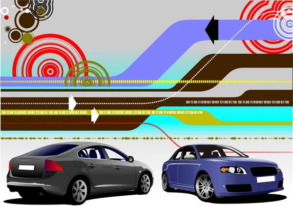 Fondo abstracto de alta tecnología con dos imágenes de coches sedán. Vector il — Archivo Imágenes Vectoriales