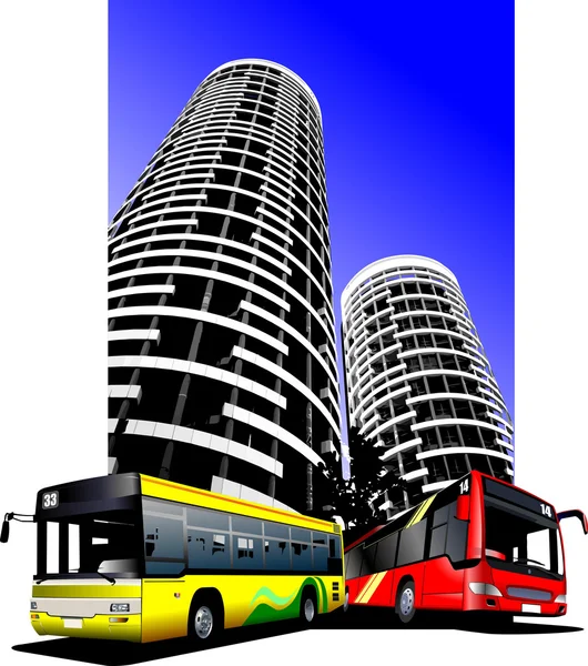 Transporte urbano en el fondo de la ciudad. Autobuses. Ilustración vectorial — Vector de stock