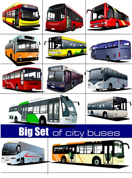 Большой набор городских автобусов. Тренер. Векторная иллюстрация — стоковый вектор