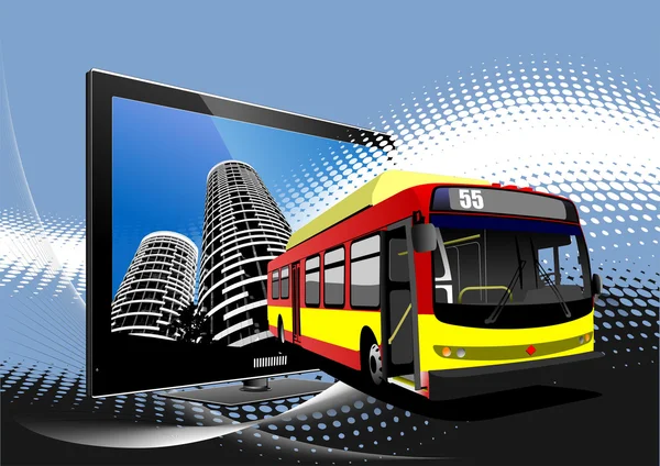 Blå Prickig bakgrund med platt dator skärm och buss bild. — Stock vektor