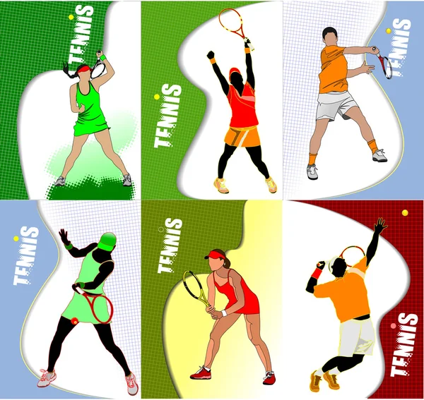 六个海报的网球运动员。d 彩色的矢量图 — 图库矢量图片