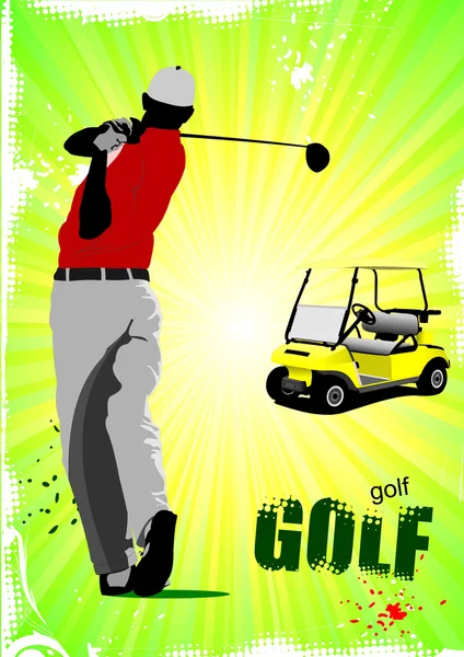 Farbiges Plakat von Golfern, die mit Eisenknüppel und Elektrik Ball schlagen — Stockvektor