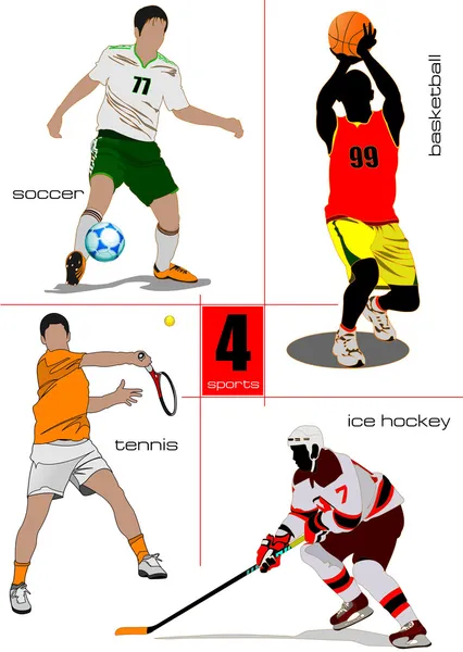 Quatro tipos de jogos desportivos. Futebol, Hóquei no gelo, ténis, futebol , — Vetor de Stock