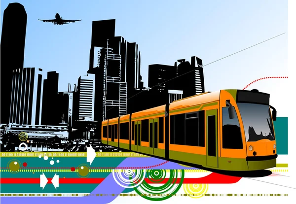 城市背景上的电车与抽象城市高科技背景. — 图库矢量图片