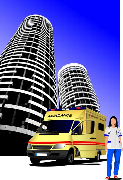 Ambulans ve şehir arka plan üzerinde tıbbi bir hemşire. vektör illustrat — Stok Vektör