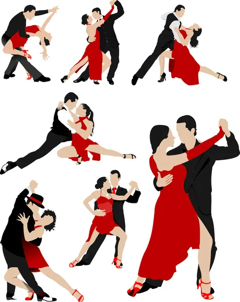 Bir tango dansı çiftler büyük kümesi. vektör çizim — Stok Vektör