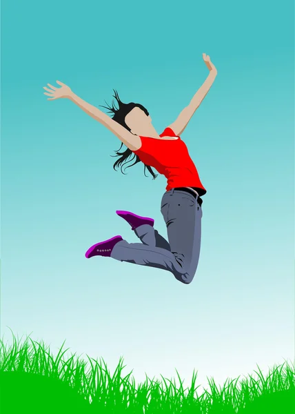 Деревенский рассвет с изображением прыгающей девушки. Векторная иллюстрация — стоковый вектор
