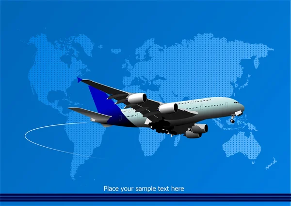 Fond abstrait bleu avec avion de passagers et carte du monde imag — Image vectorielle