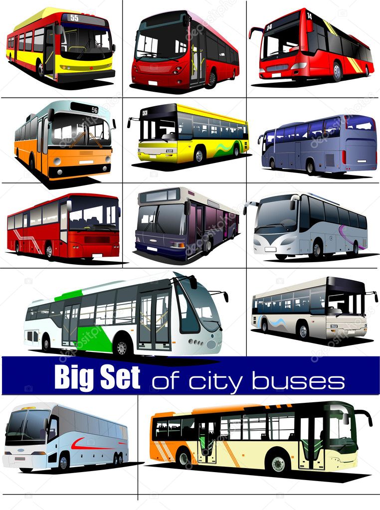 Big set of city buses. Coach. Vector illustration