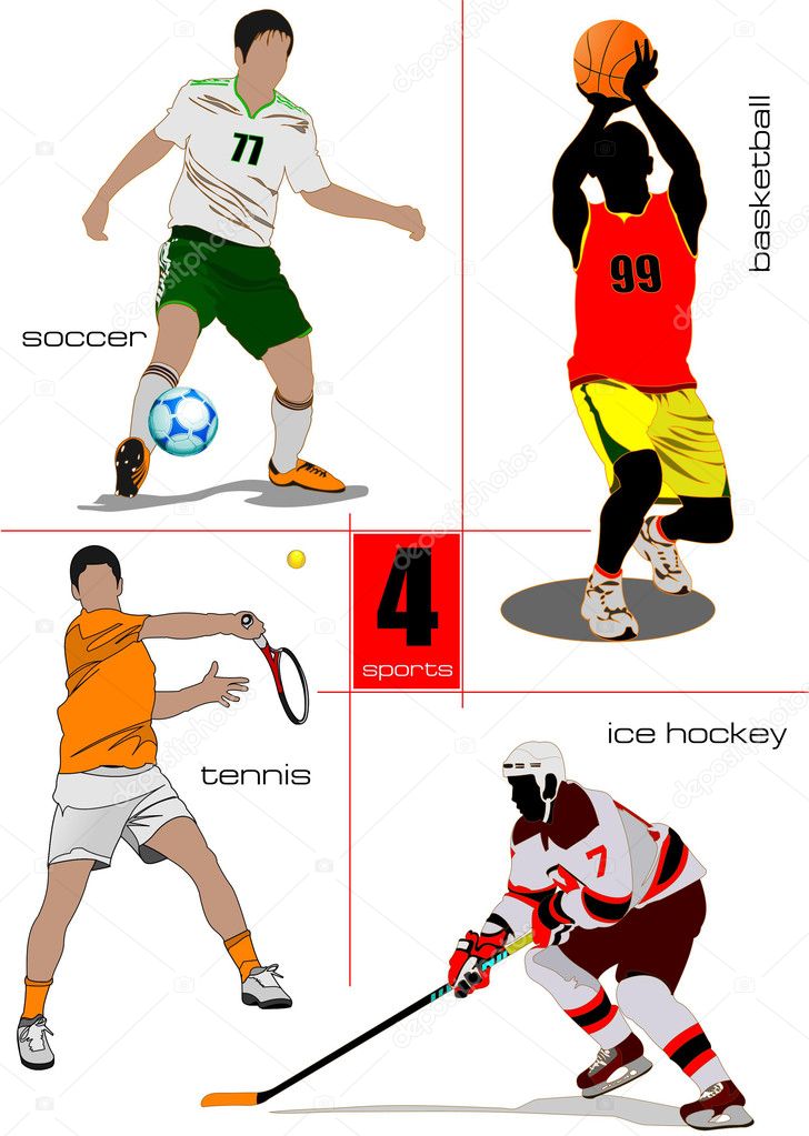 Four kinds of sport games. Football, Ice hockey, tennis, soccer,