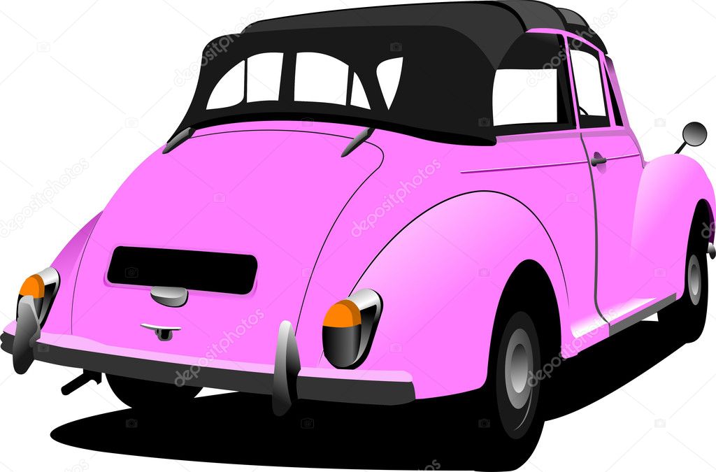 Pink vintage car cabriolet on the road. Vector illustration