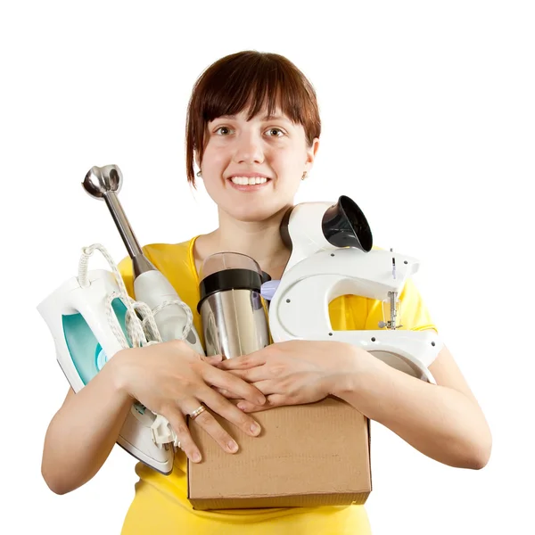 Wanita dengan peralatan rumah tangga di atas putih — Stok Foto
