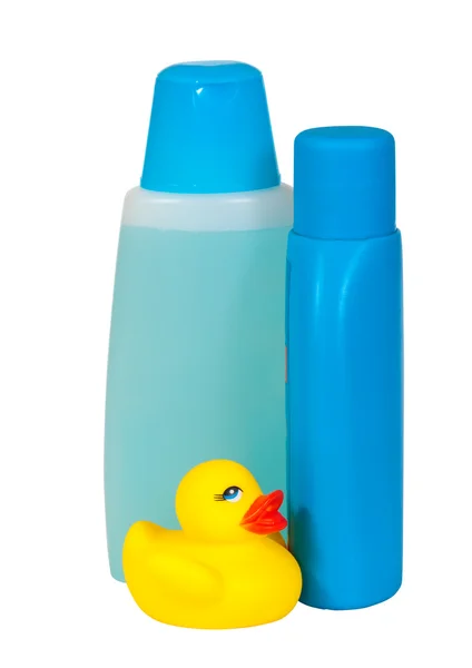 Frascos de produtos de higiene azul — Fotografia de Stock