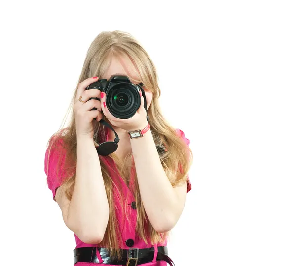 Młoda kobieta fotograf — Zdjęcie stockowe