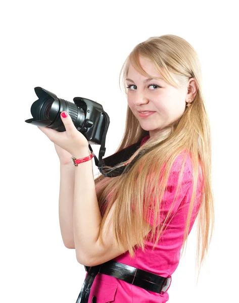 Menina loira com câmera — Fotografia de Stock