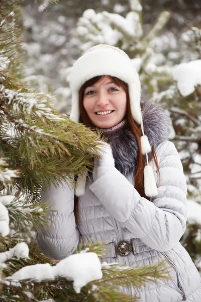 Mulher perto de pinheiros no inverno — Fotografia de Stock