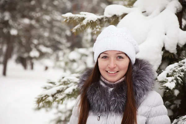 Lány téli fenyves erdőben — Stock Fotó