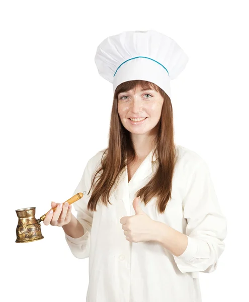 Cook woman in toque with cezve — Stock Photo, Image
