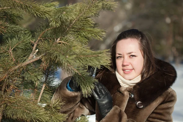 Donna vicino pino in inverno — Foto Stock