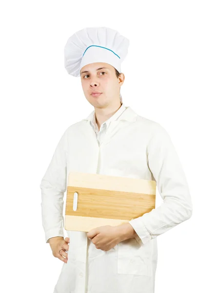 Cozinheiro macho com placa de corte — Fotografia de Stock