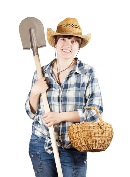 Agricultora com pá e cesta — Fotografia de Stock